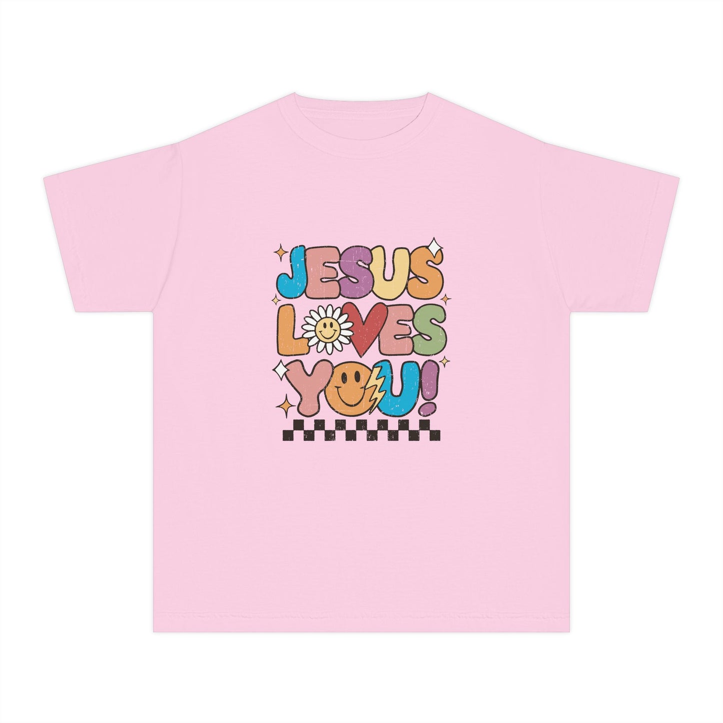 Youth Tee — "Jesus Loves You" Retro Rainbow Daisy Kids Shirt