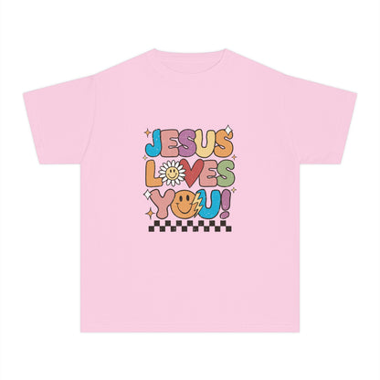 Youth Tee — "Jesus Loves You" Retro Rainbow Daisy Kids Shirt