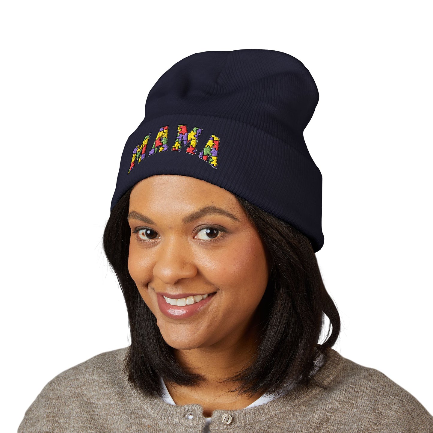 Mama Floral Embroidered Cuffed Beanie — Cozy Knit Mom Hat