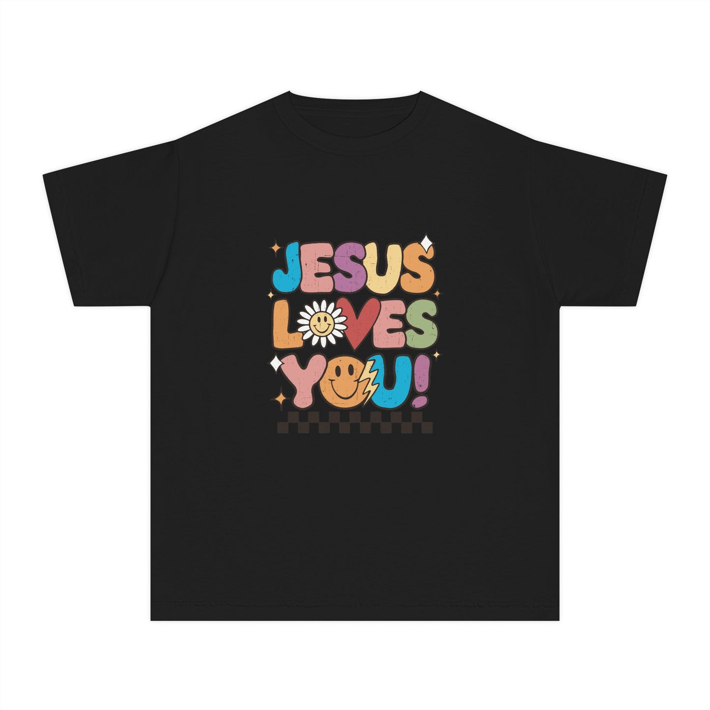 Youth Tee — "Jesus Loves You" Retro Rainbow Daisy Kids Shirt