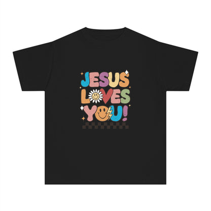 Youth Tee — "Jesus Loves You" Retro Rainbow Daisy Kids Shirt