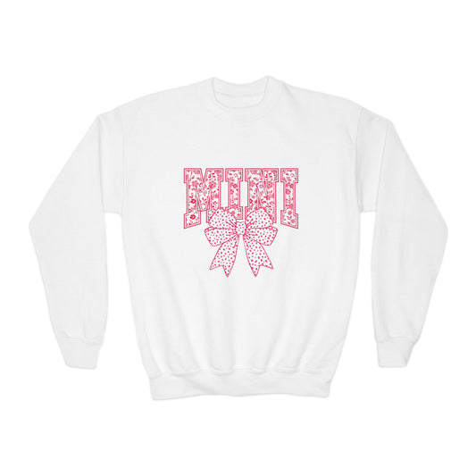 Youth Crewneck Sweatshirt — Pink Floral 'Mini' Bow Graphic