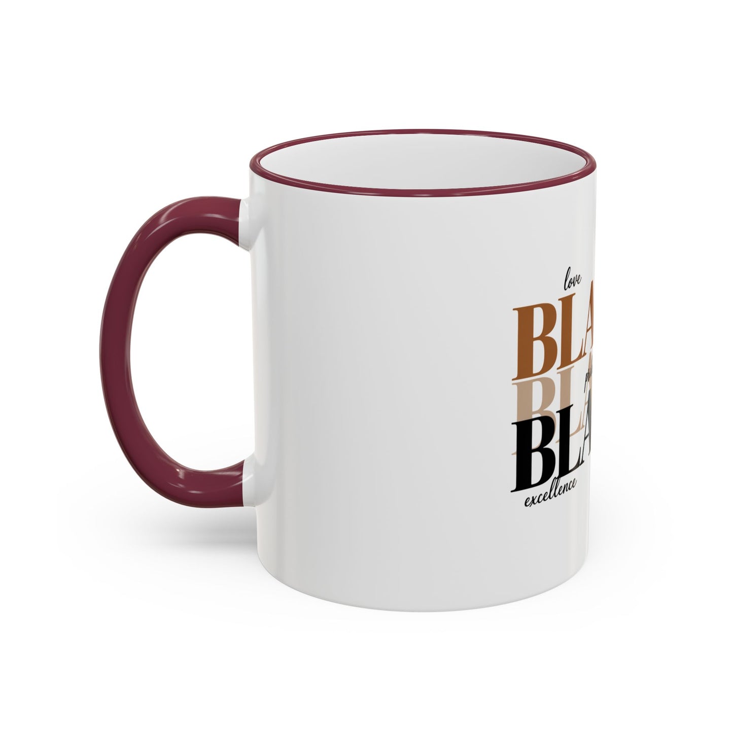 Black Pride Accent Rim Mug – "Black" Typography with Love • Joy • Excellence • History (11oz/15oz)