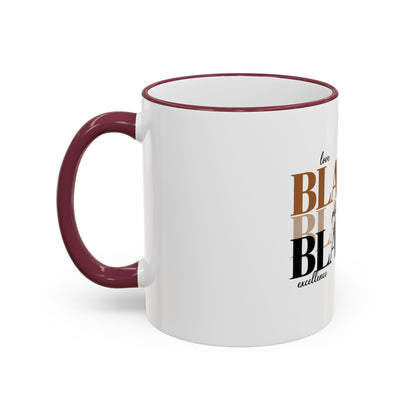 Black Pride Accent Rim Mug – "Black" Typography with Love • Joy • Excellence • History (11oz/15oz)
