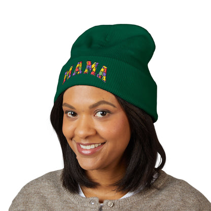Mama Floral Embroidered Cuffed Beanie — Cozy Knit Mom Hat