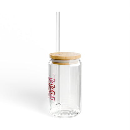 Love Pattern Sipper Glass — 16oz Clear Tumbler with Bamboo Lid & Straw