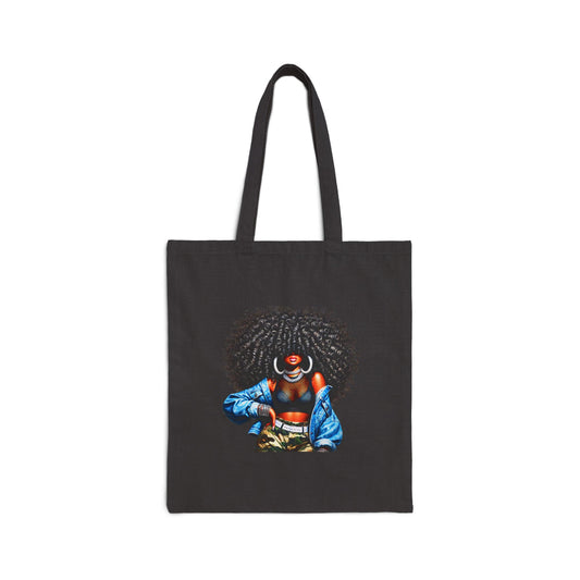 Canvas Tote Bag — Empowering Black Sister Art Print Tote (Afro Woman & "Black is Beautiful" Typography)
