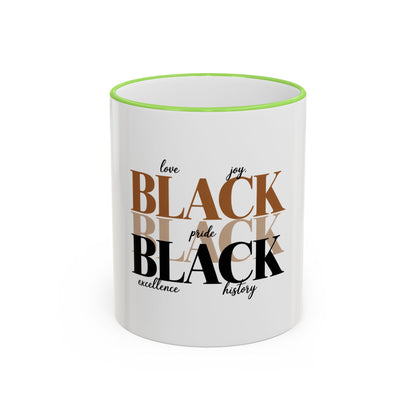 Black Pride Accent Rim Mug – "Black" Typography with Love • Joy • Excellence • History (11oz/15oz)