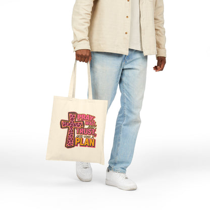 Faith Tote Bag - "Pray, Wait, Trust, God Has a Plan" Leopard Cross Canvas Tote