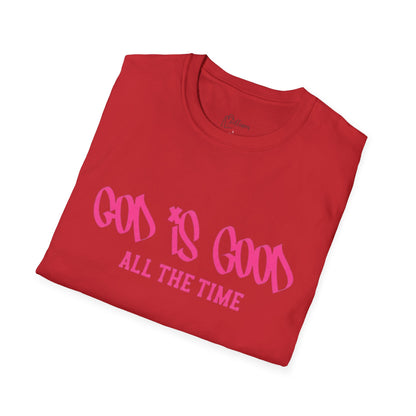 God Is Good All The Time T-Shirt — Faith-Based Christian Tee (Pink Script)