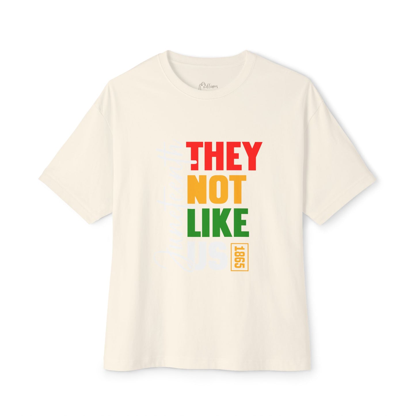 They Not Like Me Boxy Tee — Rasta Colors Vertical Text Graphic T-Shirt