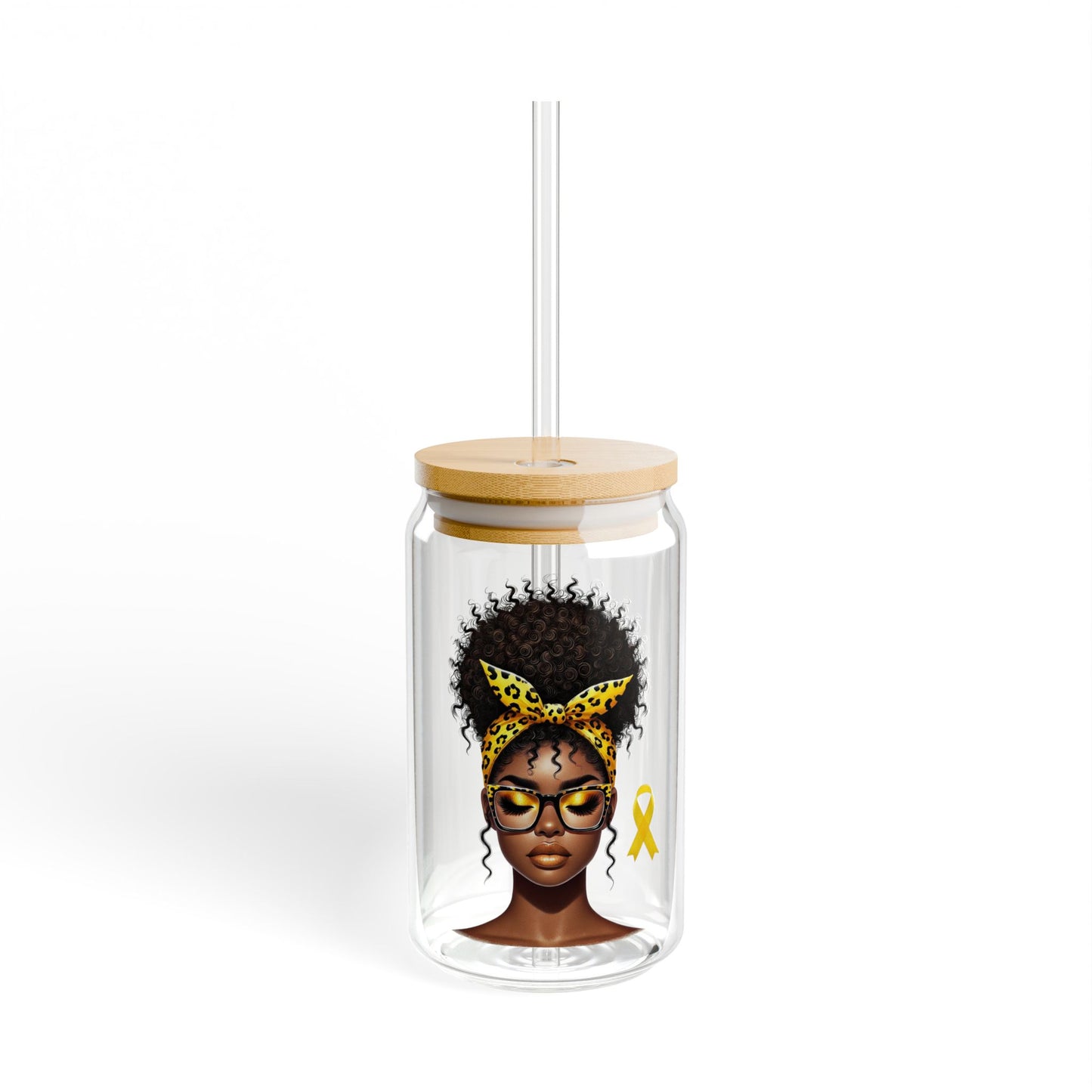 16oz Glass Sipper - Natural Hair Afro Woman with Yellow Ribbon
