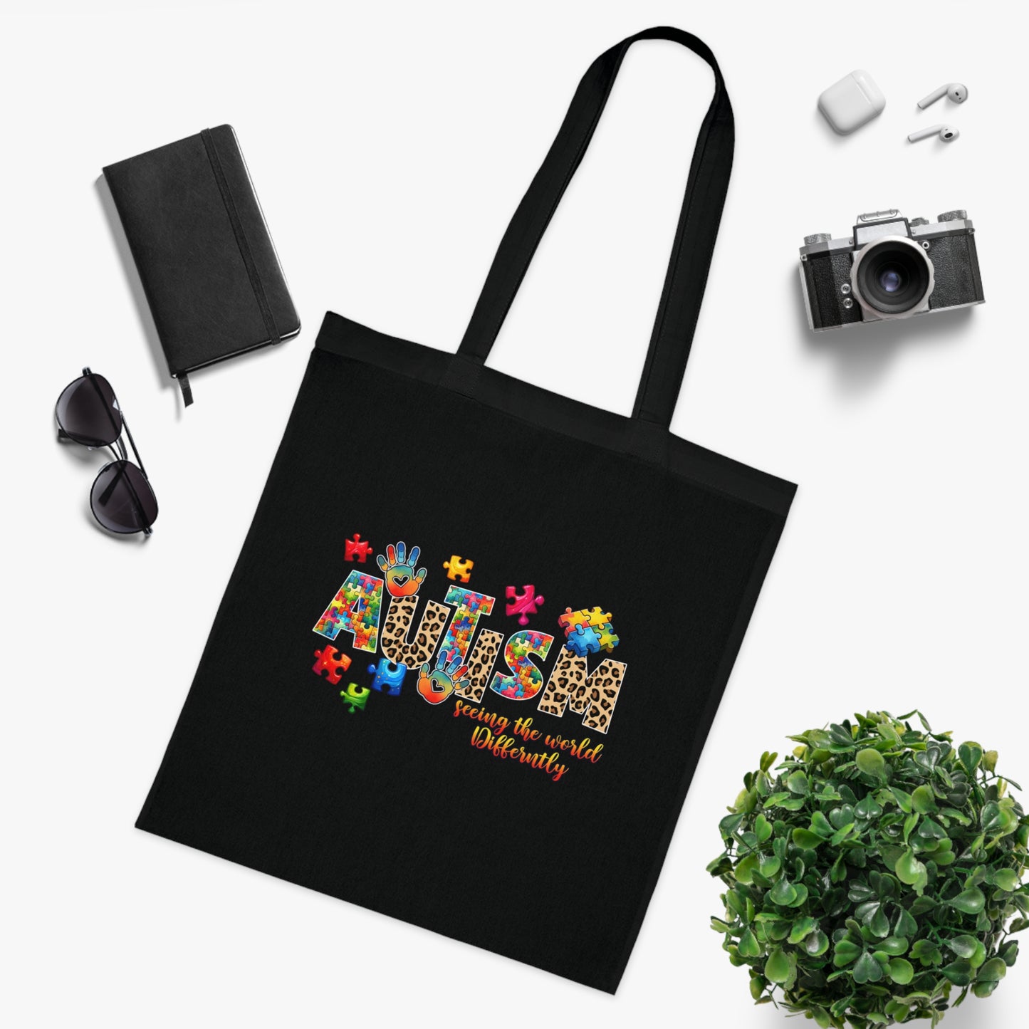 Autism Awareness Cotton Tote — "Autism: Different Not Less" Puzzle-Print Eco Bag