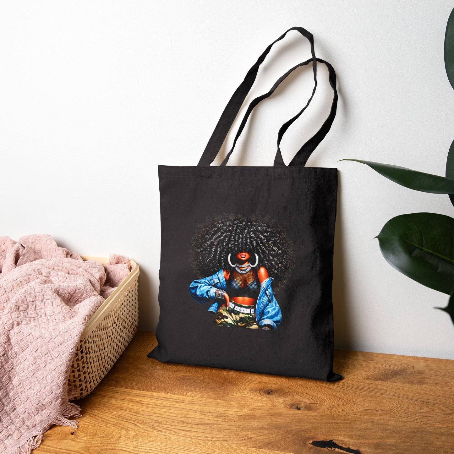 Canvas Tote Bag — Empowering Black Sister Art Print Tote (Afro Woman & "Black is Beautiful" Typography)