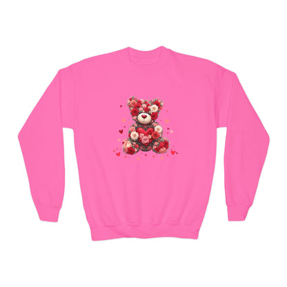 Youth Crewneck Sweatshirt — Floral Heart Teddy Bear Valentine Design