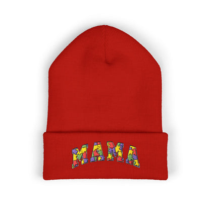 Mama Floral Embroidered Cuffed Beanie — Cozy Knit Mom Hat