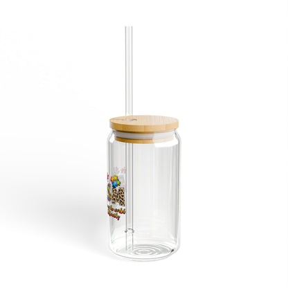 16oz Sipper Glass - 'Mama' Floral Leopard Print Tumbler with Bamboo Lid & Straw