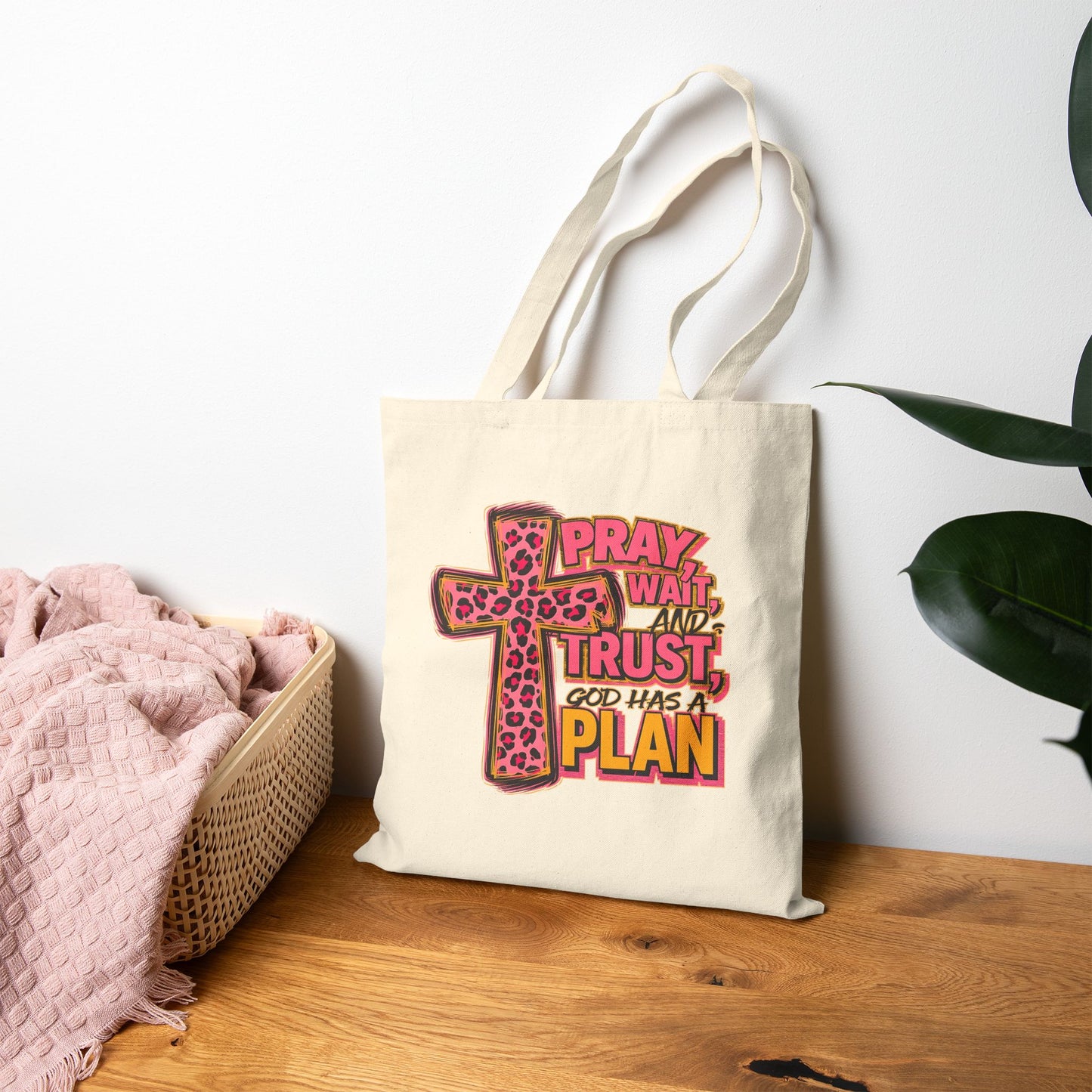 Faith Tote Bag - "Pray, Wait, Trust, God Has a Plan" Leopard Cross Canvas Tote