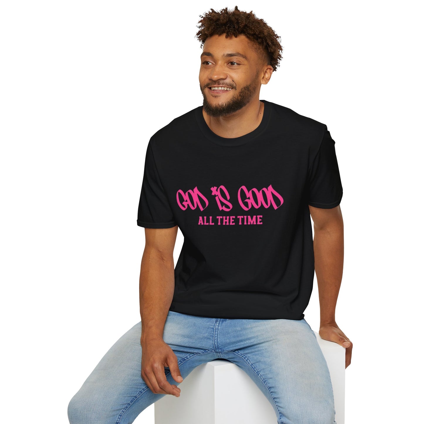 God Is Good All The Time T-Shirt — Faith-Based Christian Tee (Pink Script)