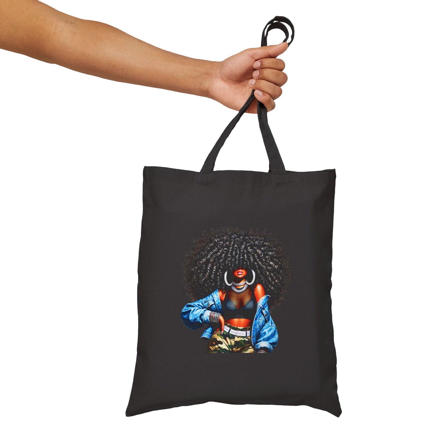 Canvas Tote Bag — Empowering Black Sister Art Print Tote (Afro Woman & "Black is Beautiful" Typography)