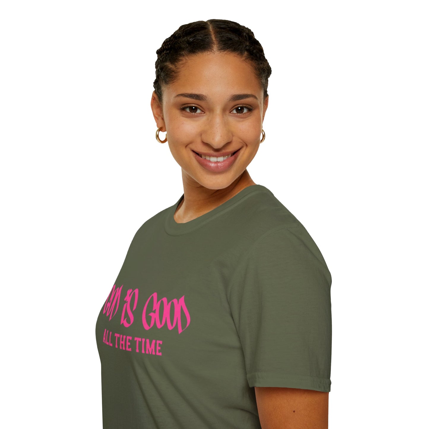 God Is Good All The Time T-Shirt — Faith-Based Christian Tee (Pink Script)