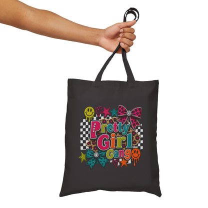 Pretty Girl Gang Canvas Tote — Retro Checkerboard, Smiley & Bow Graphic Tote Bag