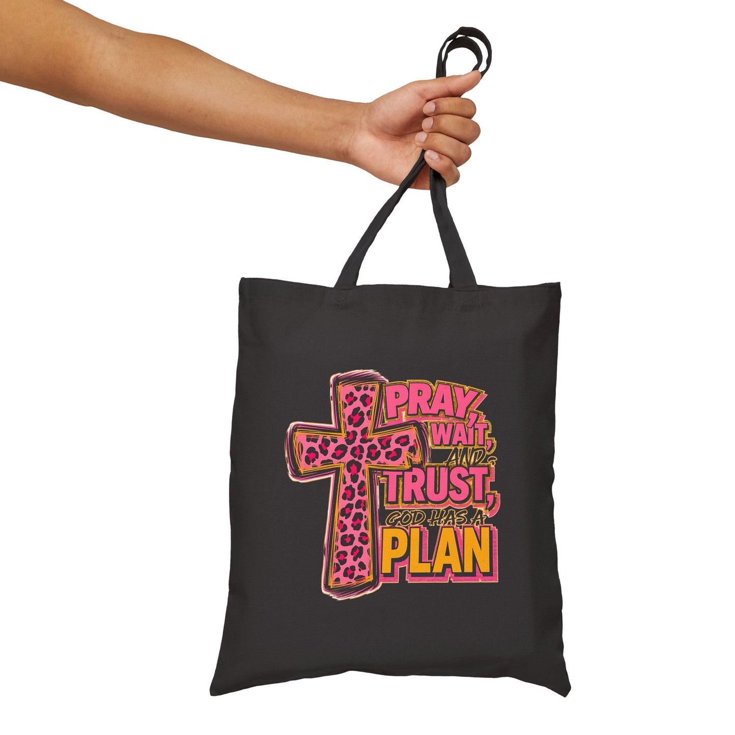 Faith Tote Bag - "Pray, Wait, Trust, God Has a Plan" Leopard Cross Canvas Tote