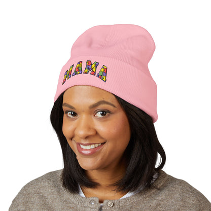 Mama Floral Embroidered Cuffed Beanie — Cozy Knit Mom Hat