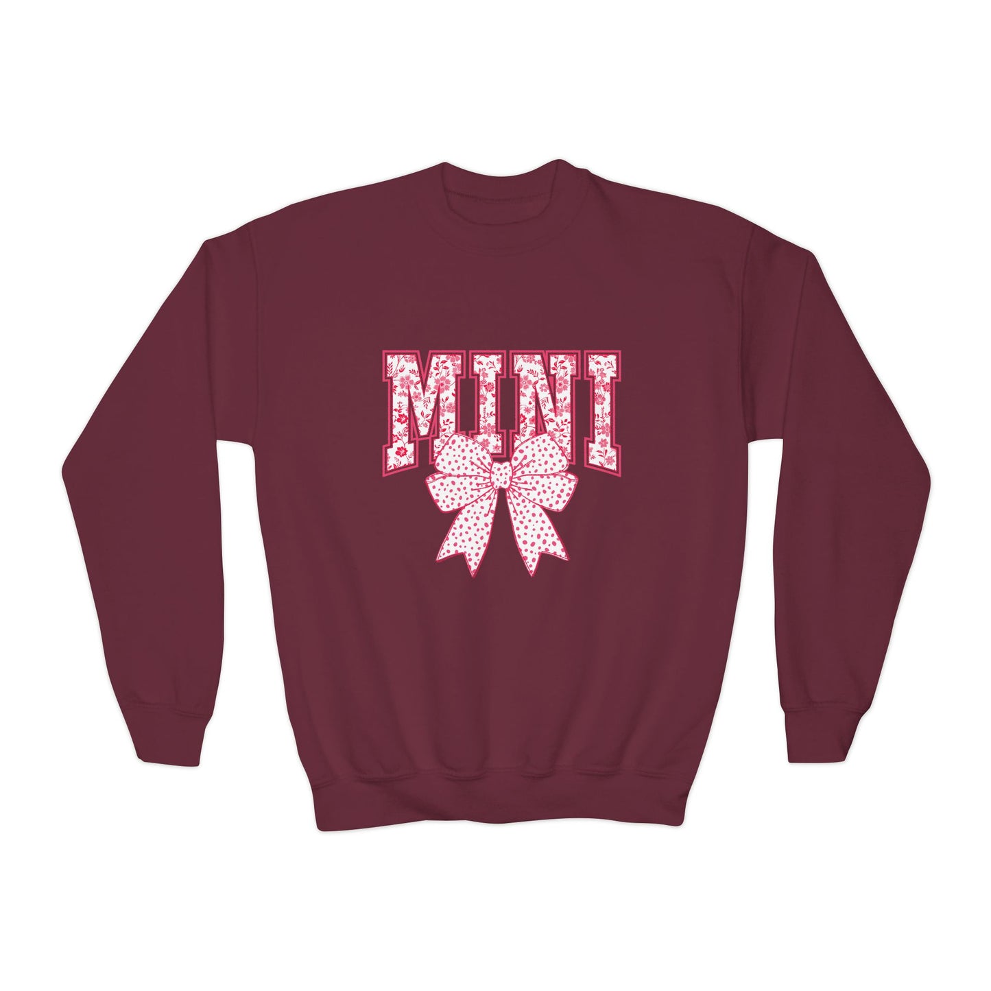 Youth Crewneck Sweatshirt — Pink Floral 'Mini' Bow Graphic