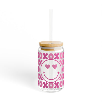 Sipper Glass — Pink XOXO Heart-Eyes Smile Canister (16oz)