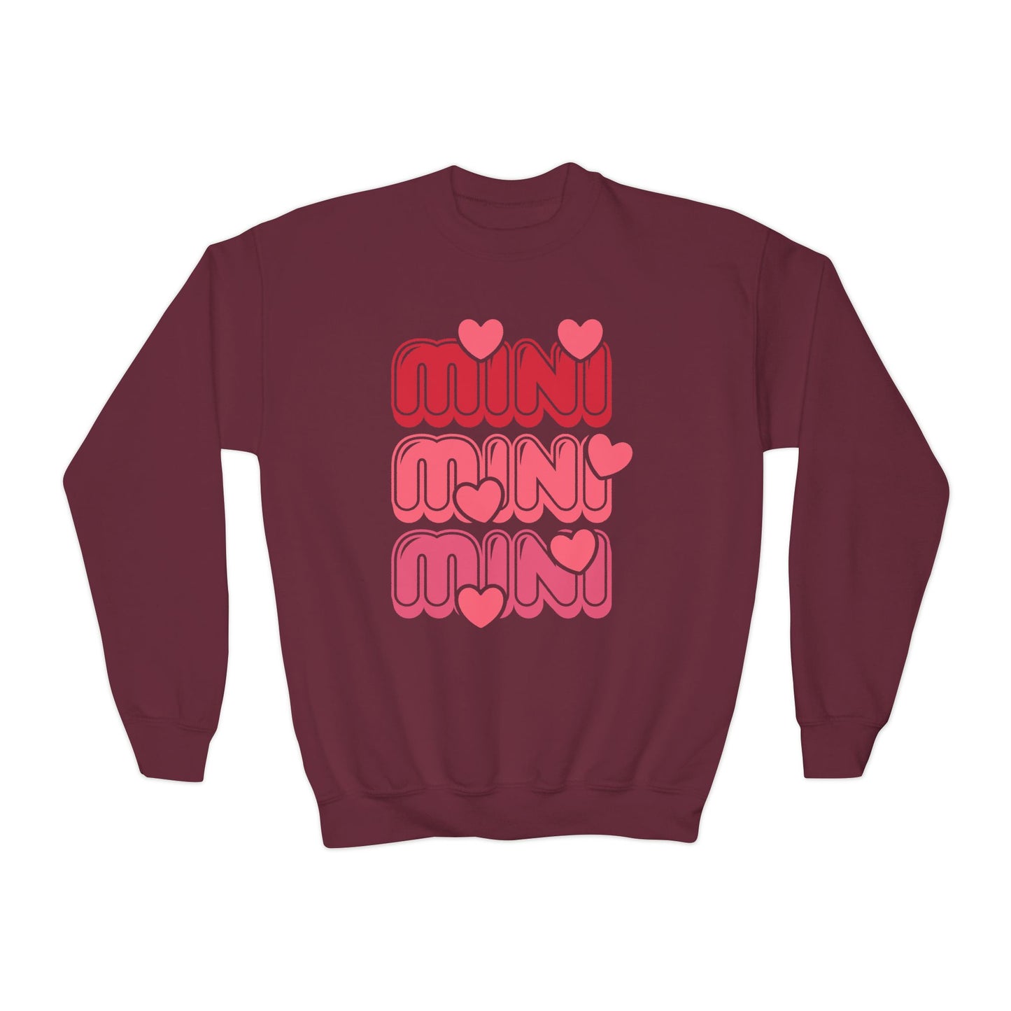 Youth Crewneck Sweatshirt — "Mini Mini Mini" Pink Heart Retro Graphic