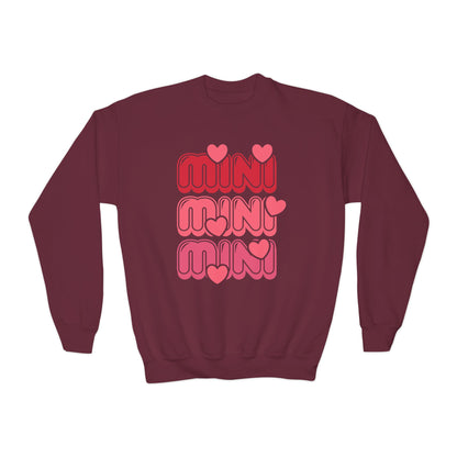 Youth Crewneck Sweatshirt — "Mini Mini Mini" Pink Heart Retro Graphic