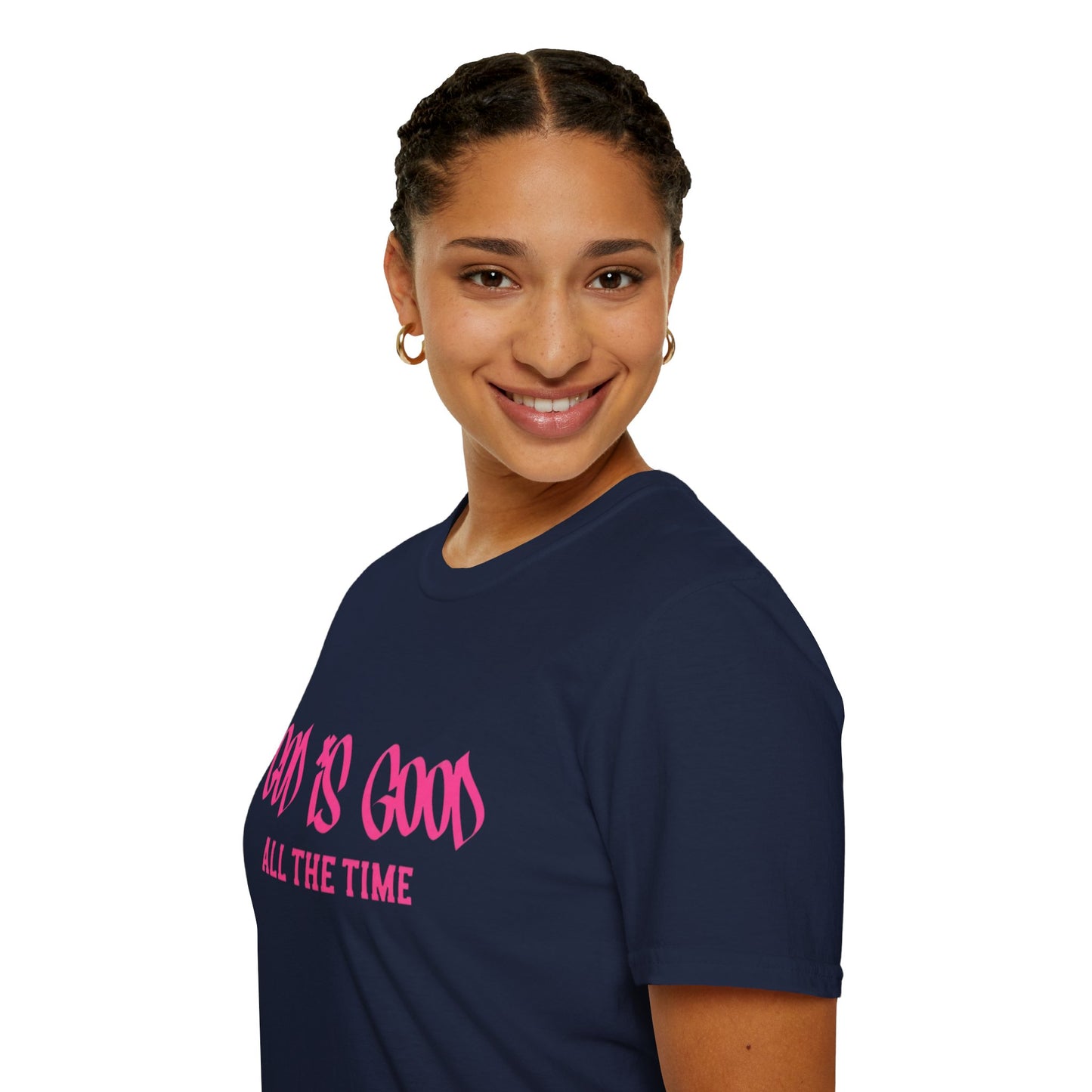 God Is Good All The Time T-Shirt — Faith-Based Christian Tee (Pink Script)