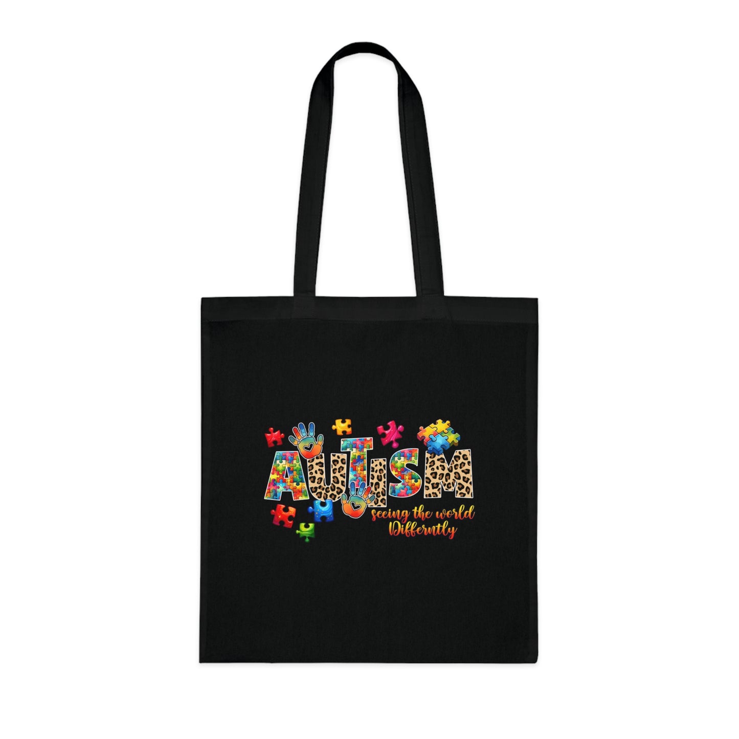 Autism Awareness Cotton Tote — "Autism: Different Not Less" Puzzle-Print Eco Bag