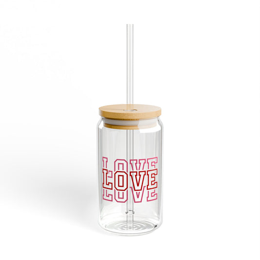 Love Pattern Sipper Glass — 16oz Clear Tumbler with Bamboo Lid & Straw
