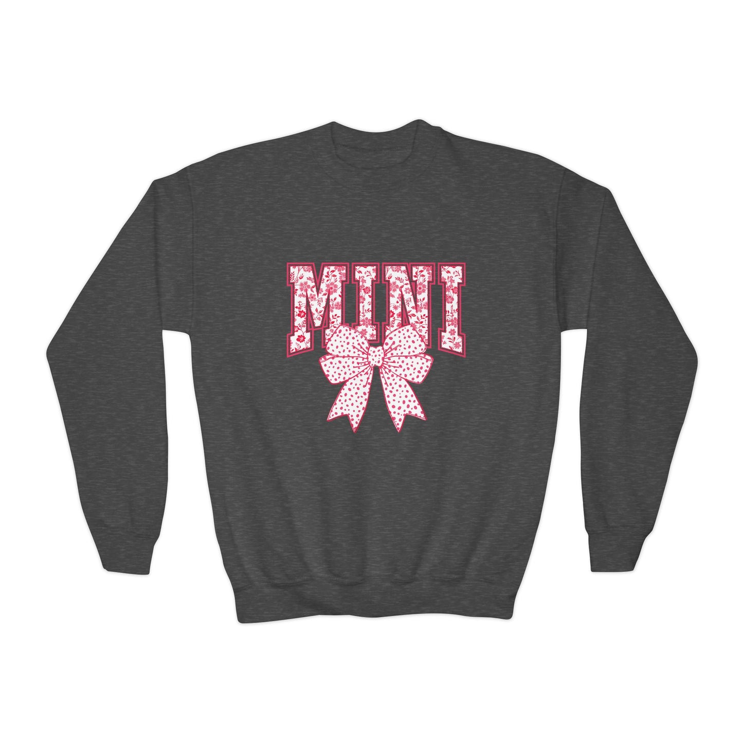 Youth Crewneck Sweatshirt — Pink Floral 'Mini' Bow Graphic