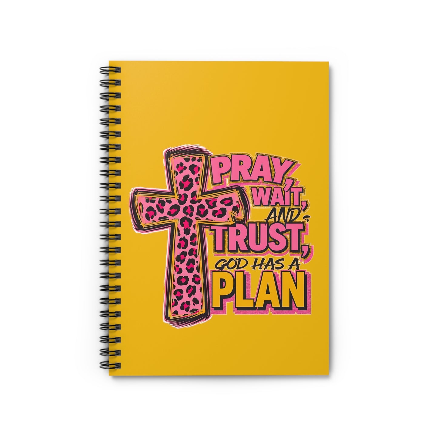 Christian Spiral Notebook — "Pray, Wait, Trust, God Has a Plan" Pink Leopard Cross