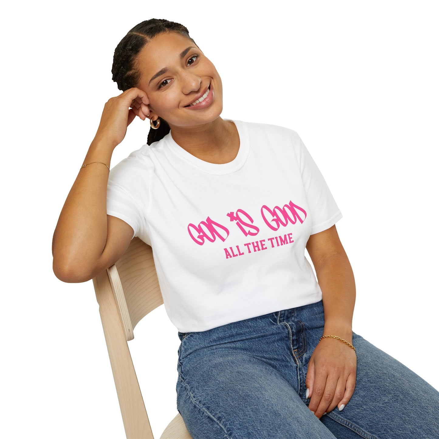 God Is Good All The Time T-Shirt — Faith-Based Christian Tee (Pink Script)