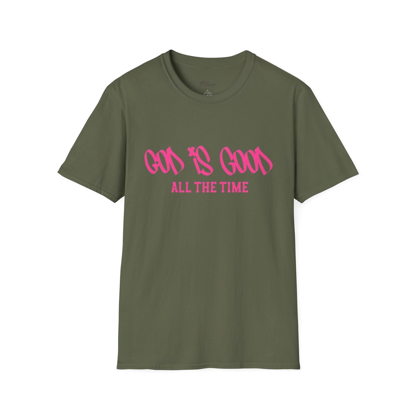 God Is Good All The Time T-Shirt — Faith-Based Christian Tee (Pink Script)
