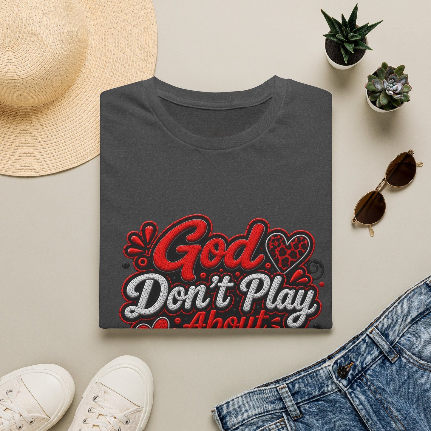 T-Shirt — "God Don’t Play About Me" Bold Script Christian Graphic Tee