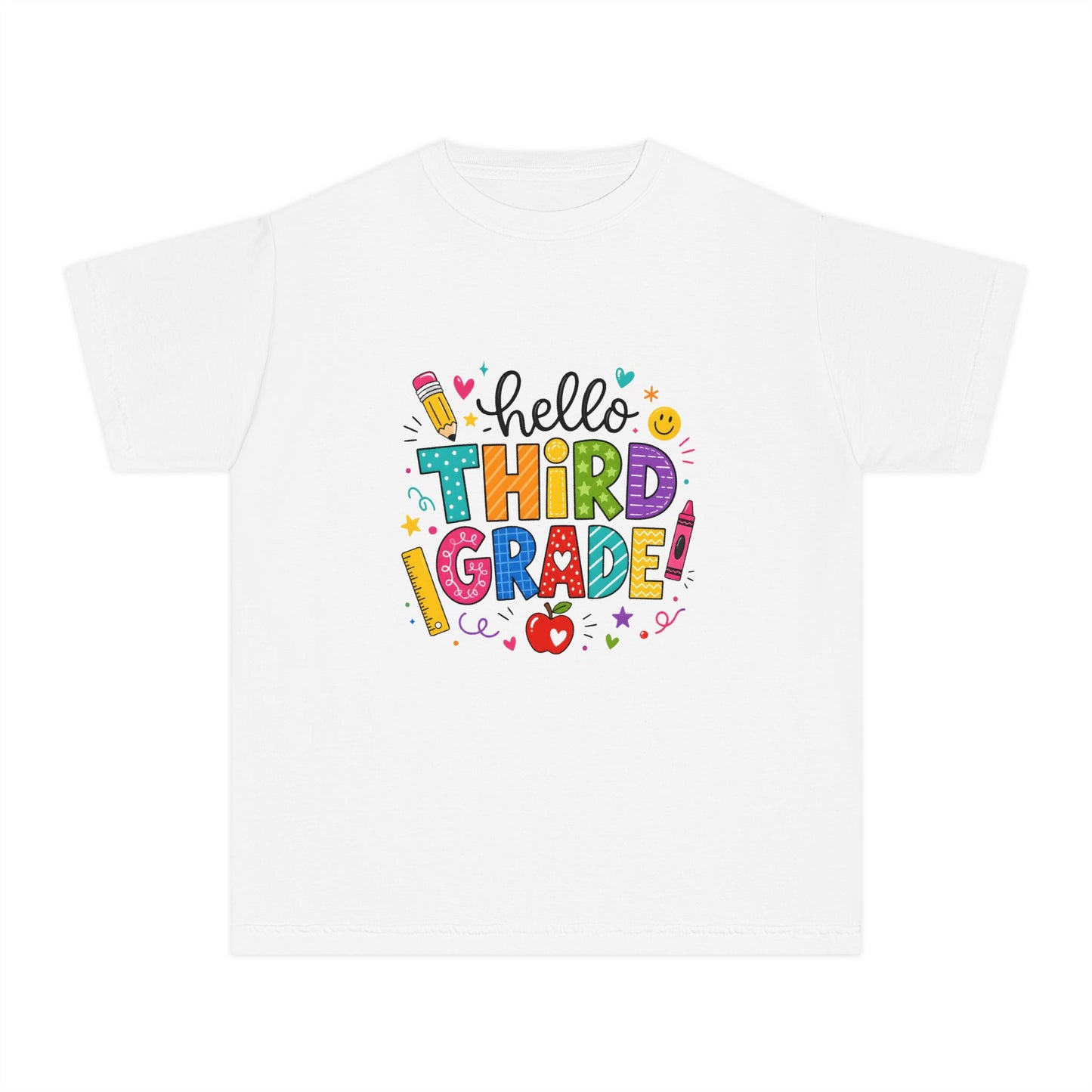 Hello Third Grade Youth Tee — Back-to-School Colorful Kids Shirt