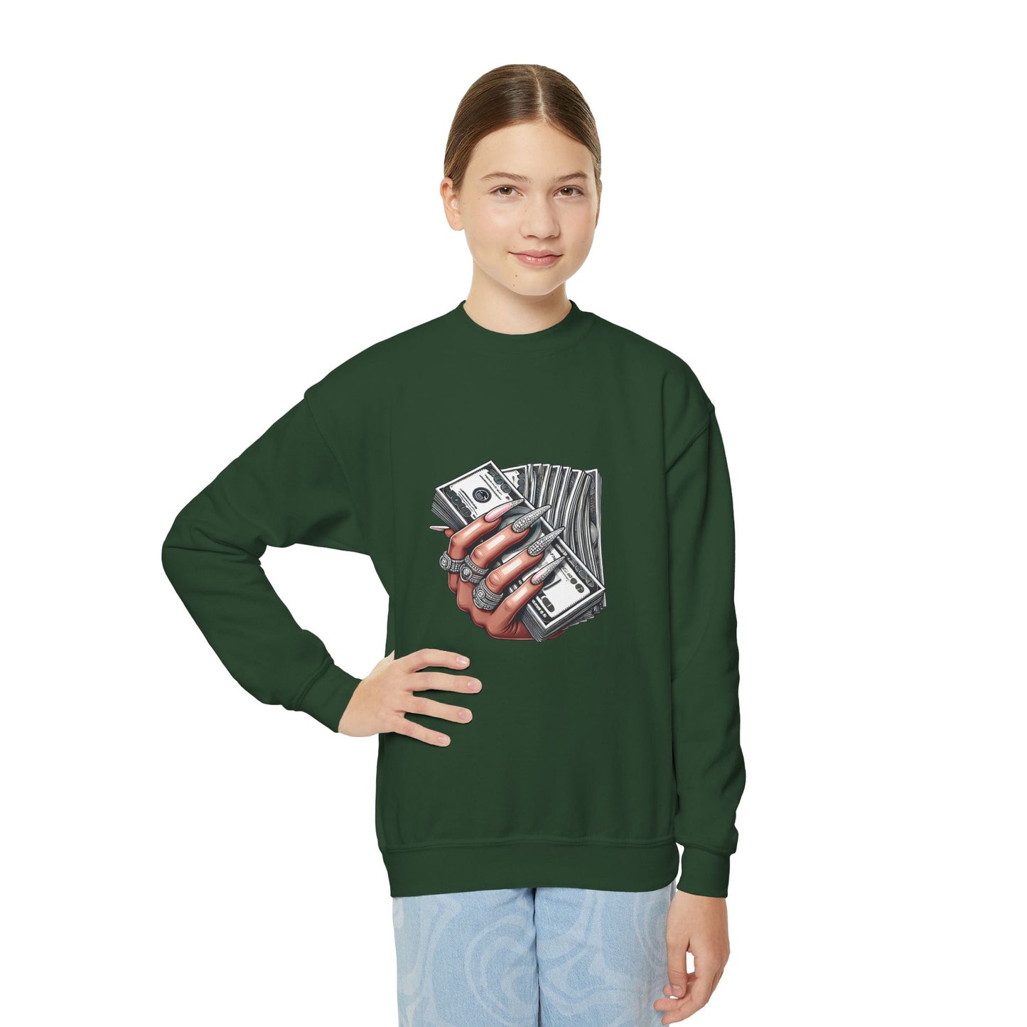 Youth Crewneck Sweatshirt — Graphic Money Hand Print