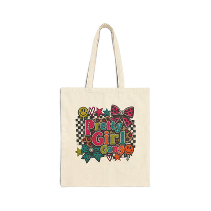 Pretty Girl Gang Canvas Tote — Retro Checkerboard, Smiley & Bow Graphic Tote Bag
