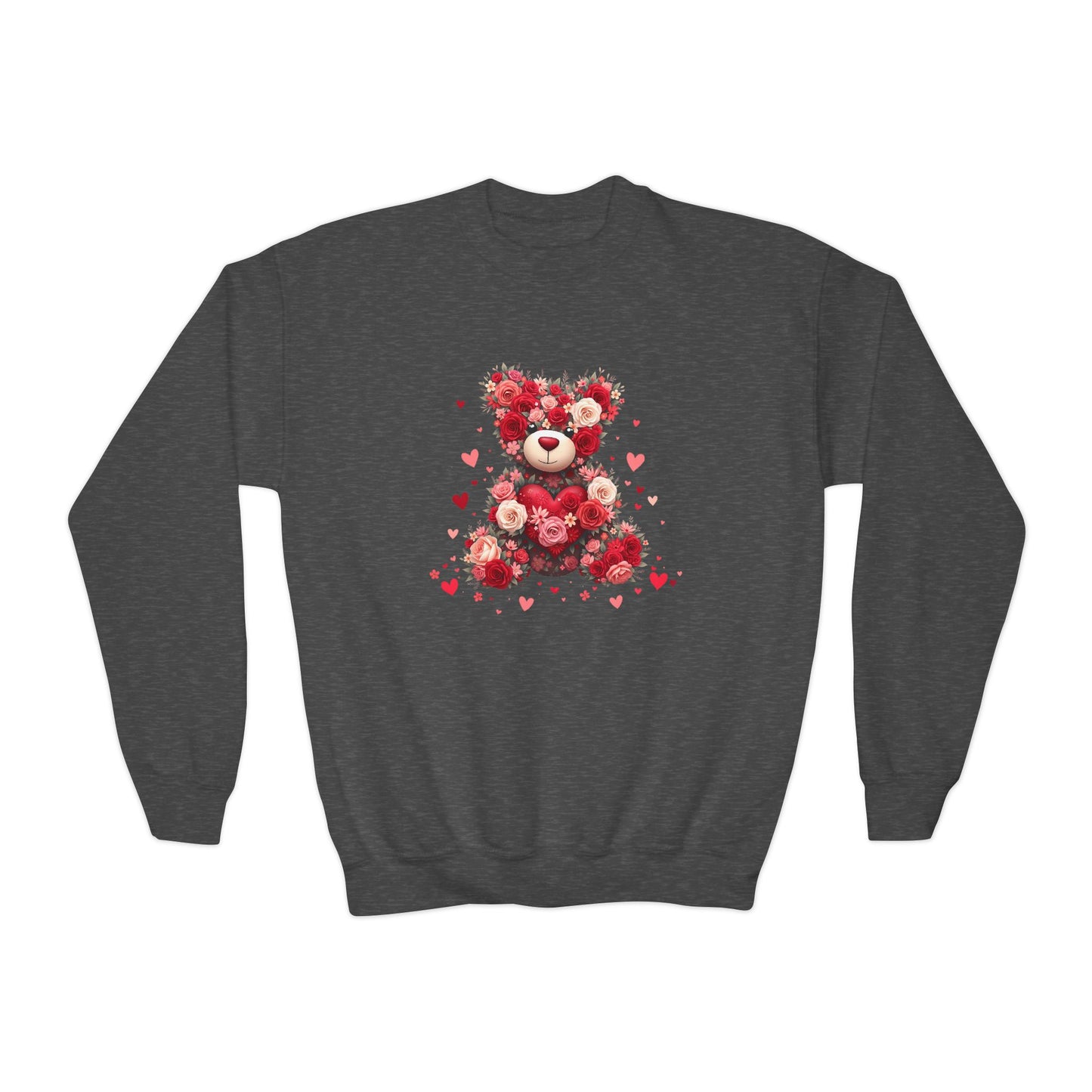 Youth Crewneck Sweatshirt — Floral Heart Teddy Bear Valentine Design
