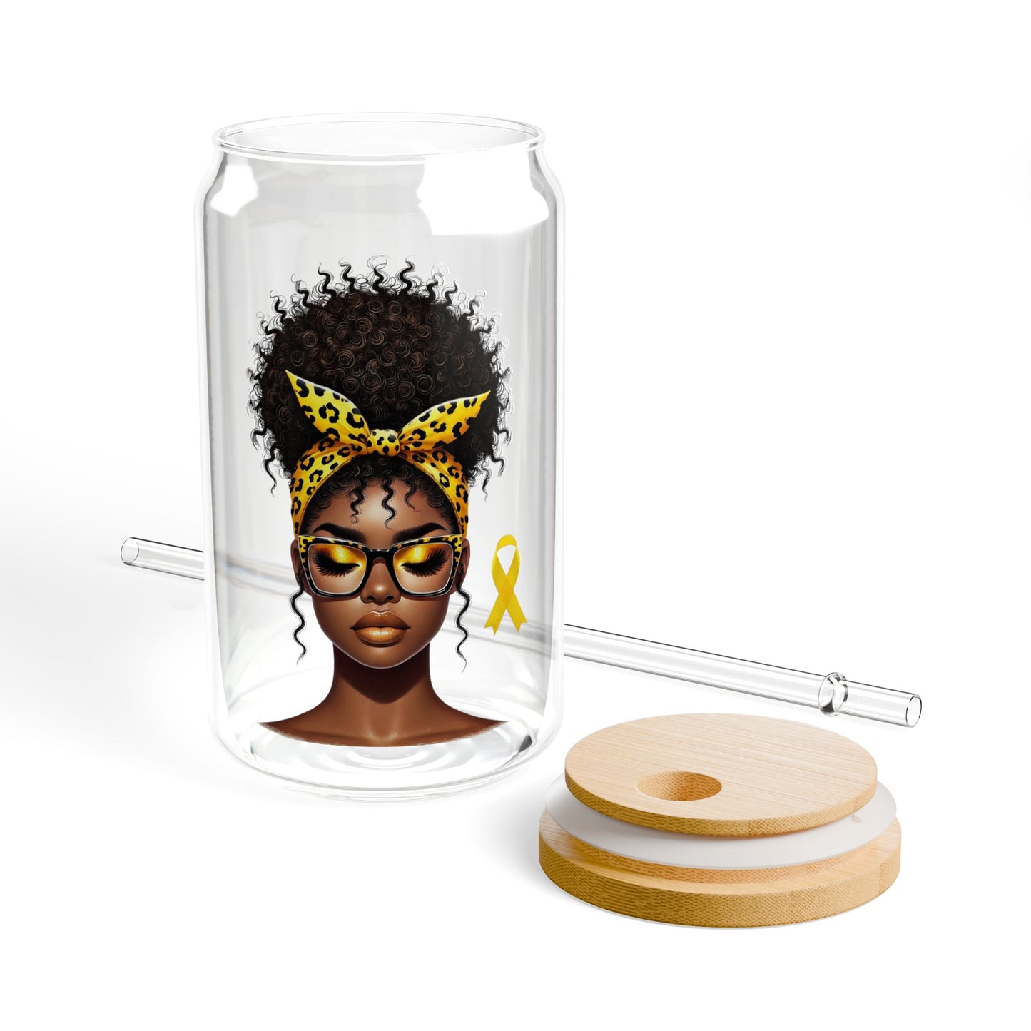 16oz Glass Sipper - Natural Hair Afro Woman with Yellow Ribbon