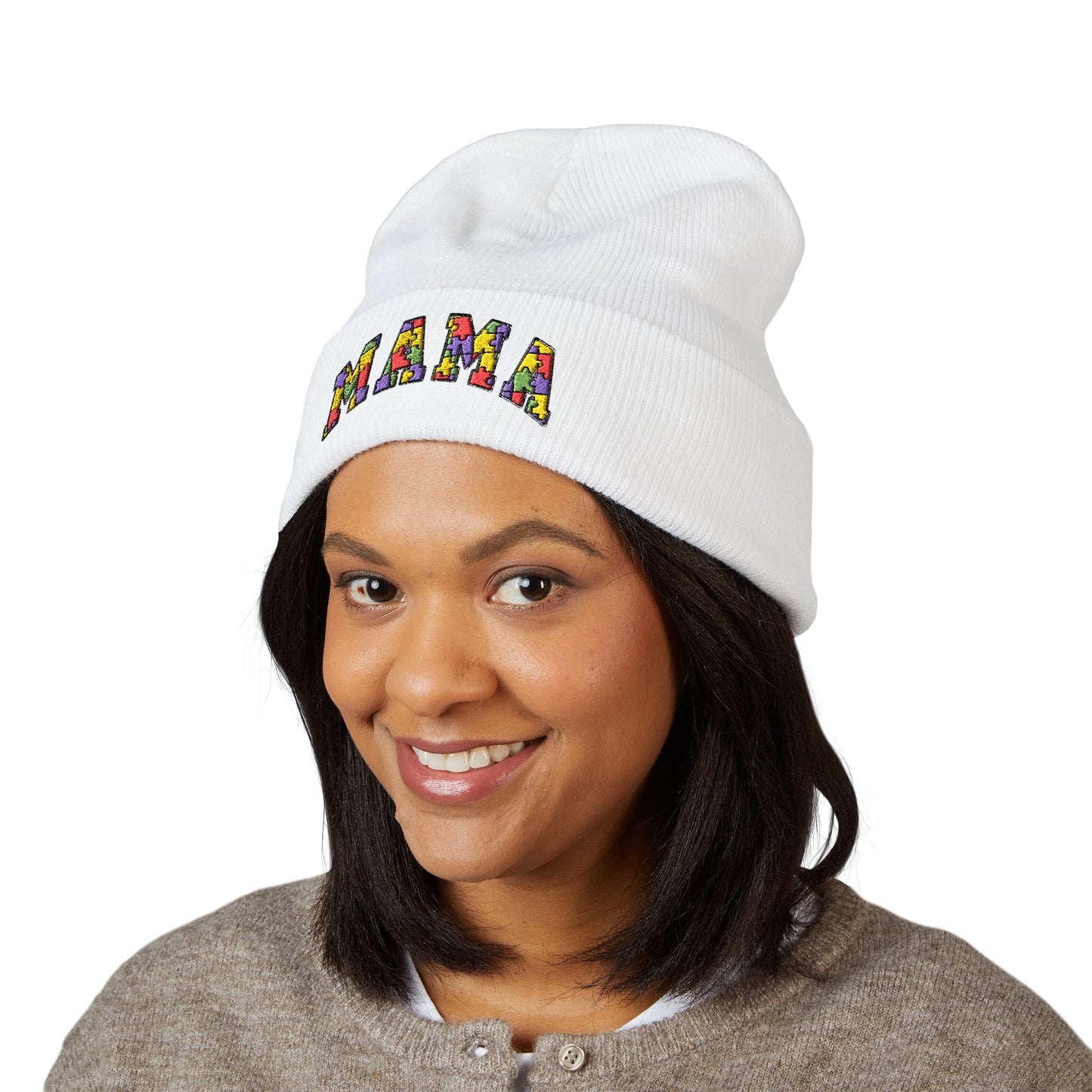 Mama Floral Embroidered Cuffed Beanie — Cozy Knit Mom Hat