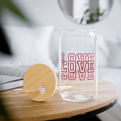 Love Pattern Sipper Glass — 16oz Clear Tumbler with Bamboo Lid & Straw