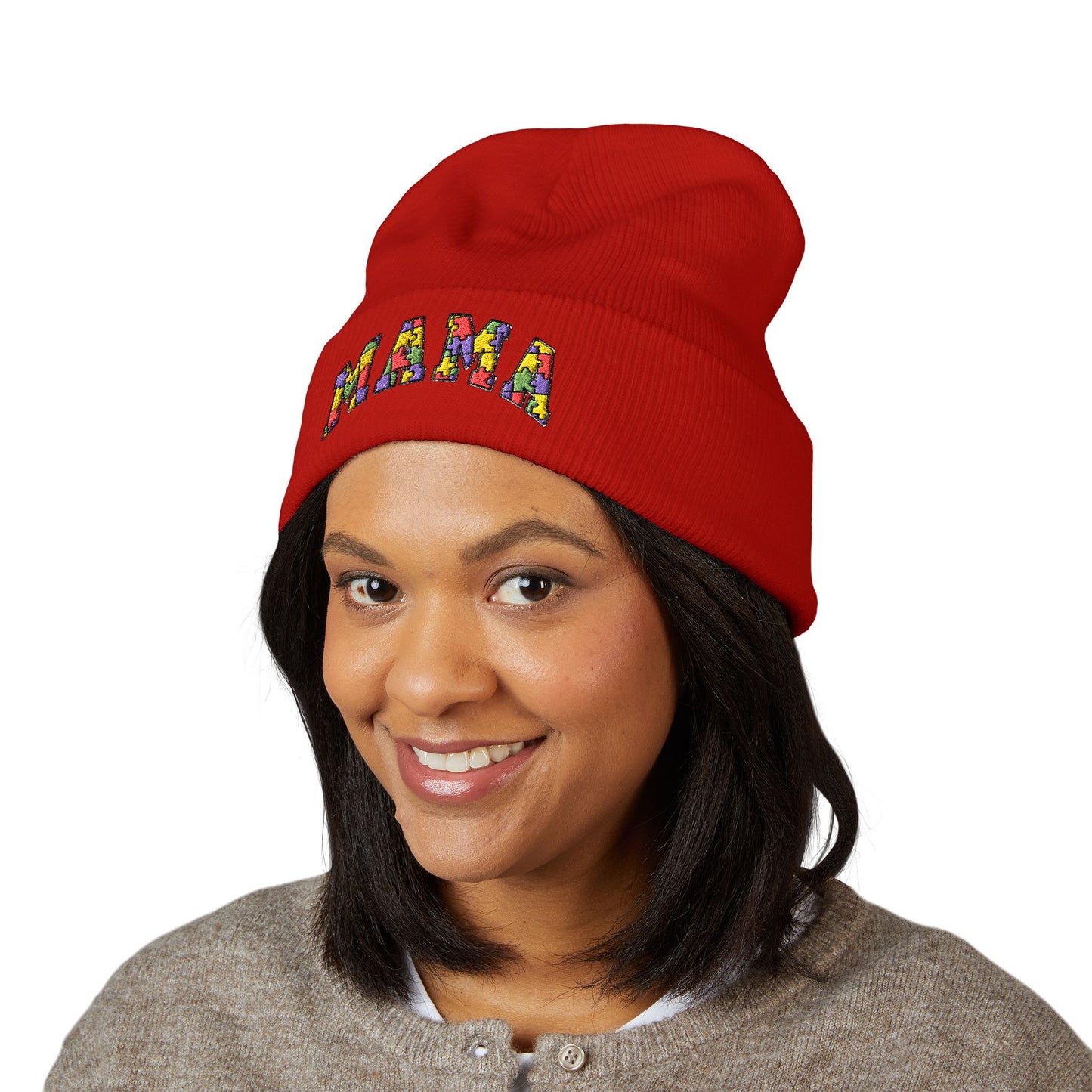 Mama Floral Embroidered Cuffed Beanie — Cozy Knit Mom Hat