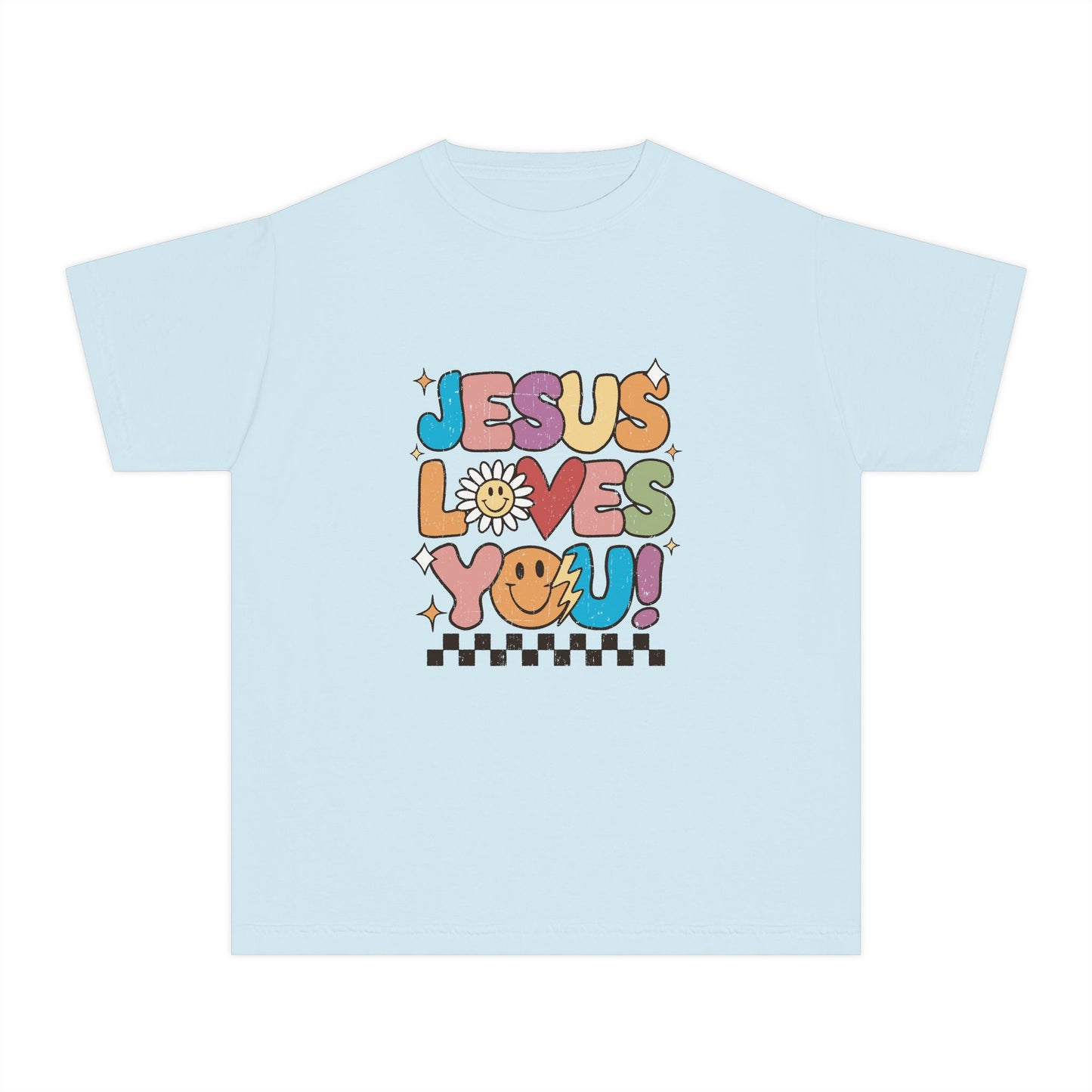 Youth Tee — "Jesus Loves You" Retro Rainbow Daisy Kids Shirt