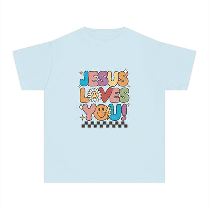 Youth Tee — "Jesus Loves You" Retro Rainbow Daisy Kids Shirt